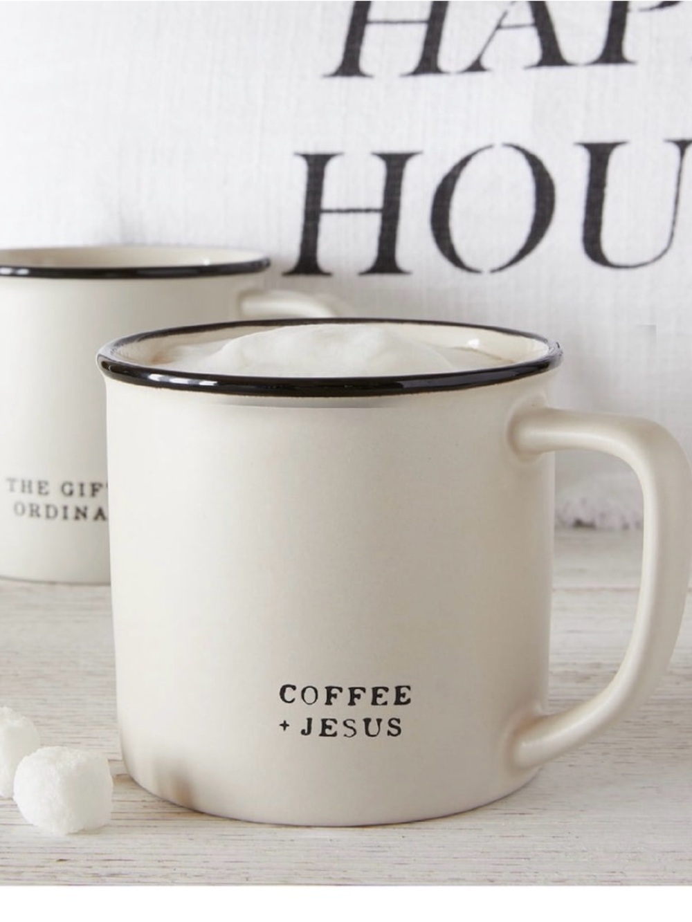 Santa Barbara design Coffee + Jesus Cream Ceramic Mug with Black Rim new in box
